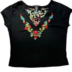 Embroidered floral top baby tee womens petite small boho floral vintage